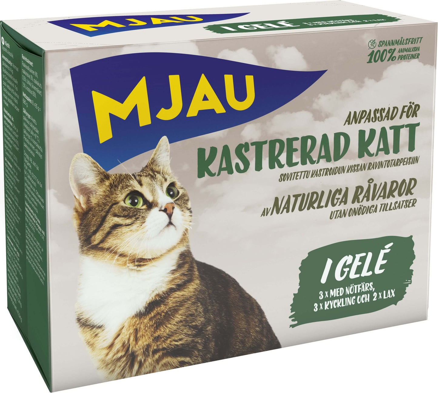 Mjau Bitar i Gelé med Kött och Fisk 8x85g Kattmat