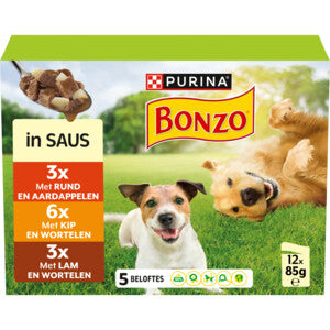 Bonzo Våtfoderpåse för hundar i sås, multipack 12 x 85 g
