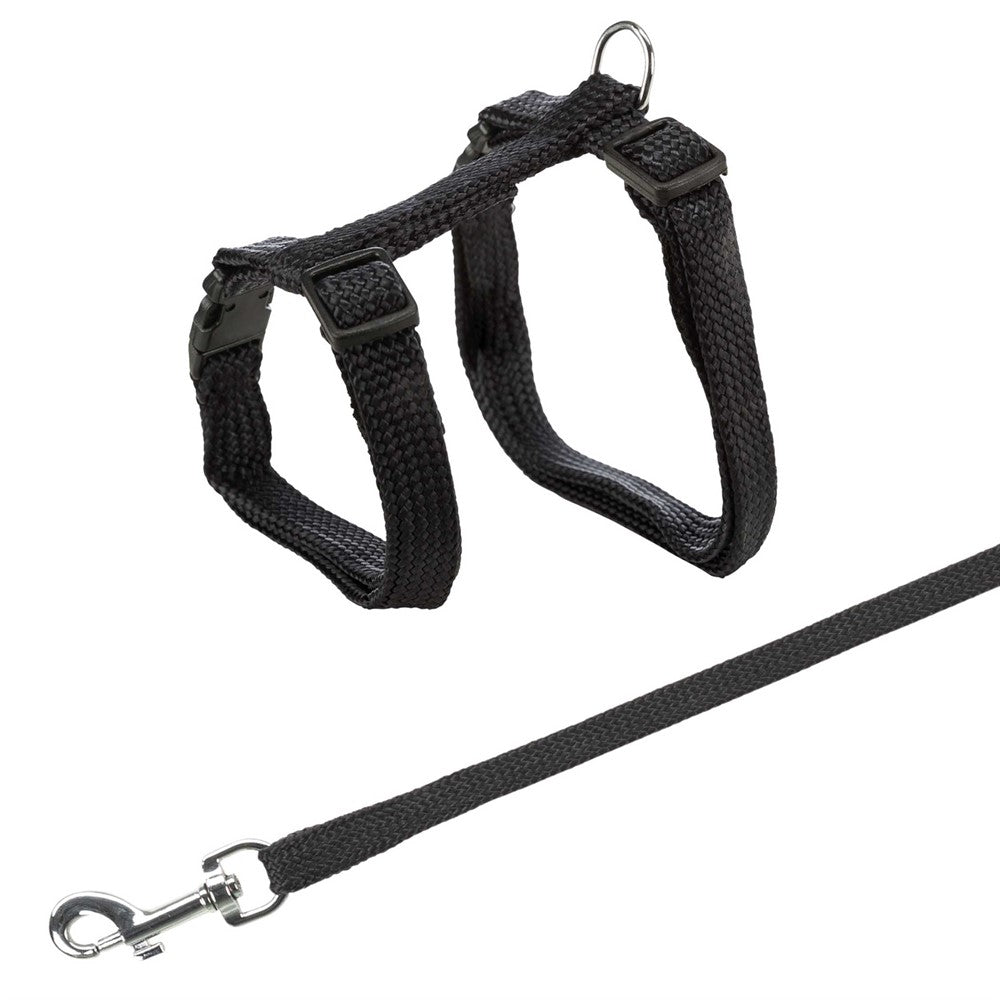 Kattsele+koppel, 22-42 cm/10 mm. 120 cm, nylon, Svart
