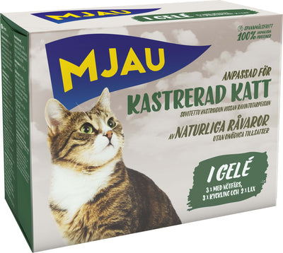 Mjau Bitar i Gelé med Kött och Fisk 8x85g Kattmat